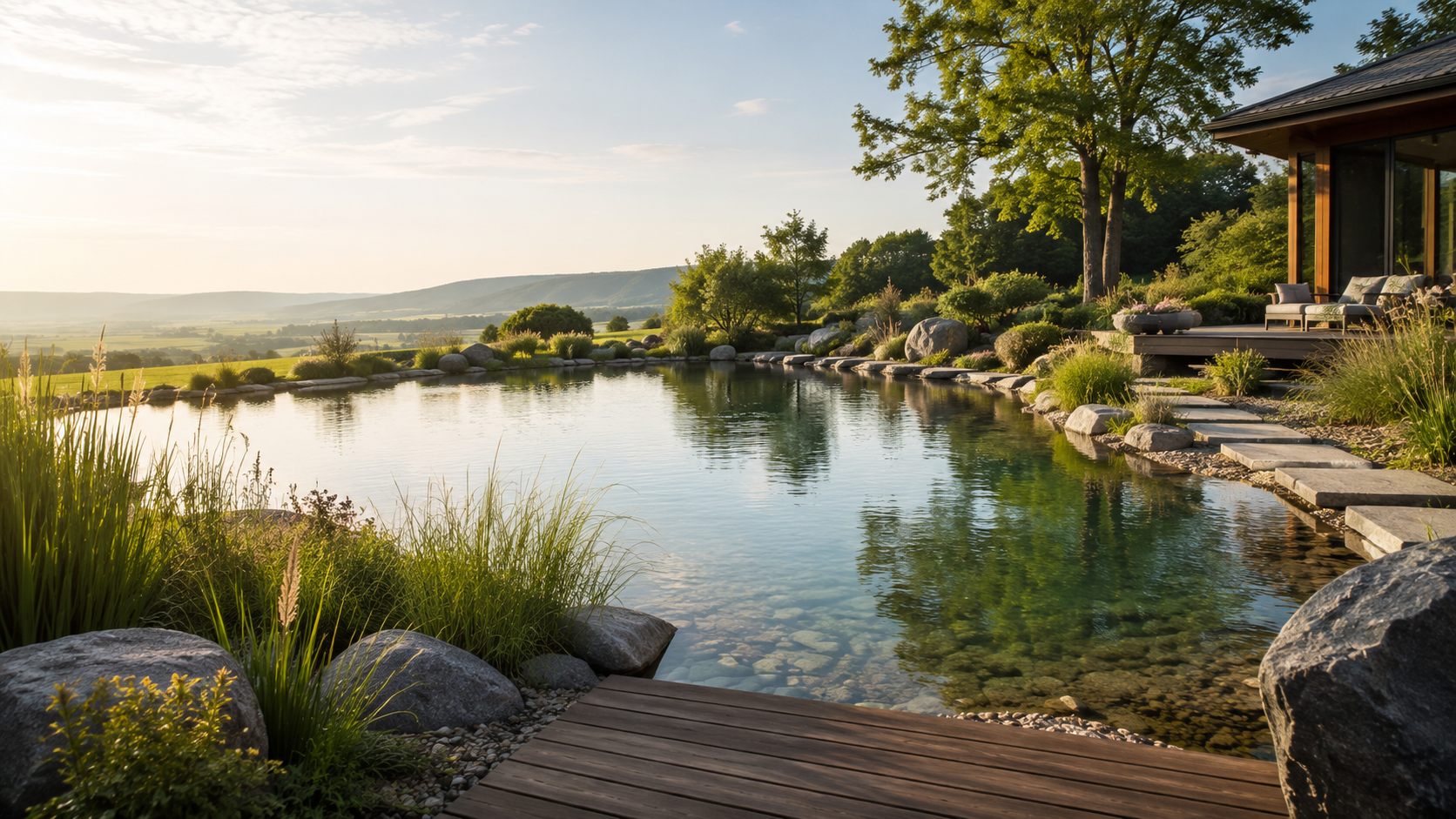 Naturnaher Teich mit Steinen und Bepflanzung